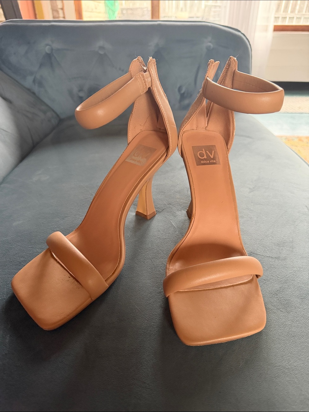 DV by Dolce Vita Tan Ankle-Strap Square-Toe High Heels
